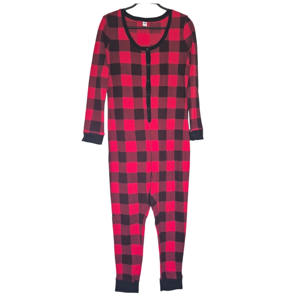 Old Navy Women's Red and Black Plaid Pajama Onesie Sz L - Picture 2 of 8